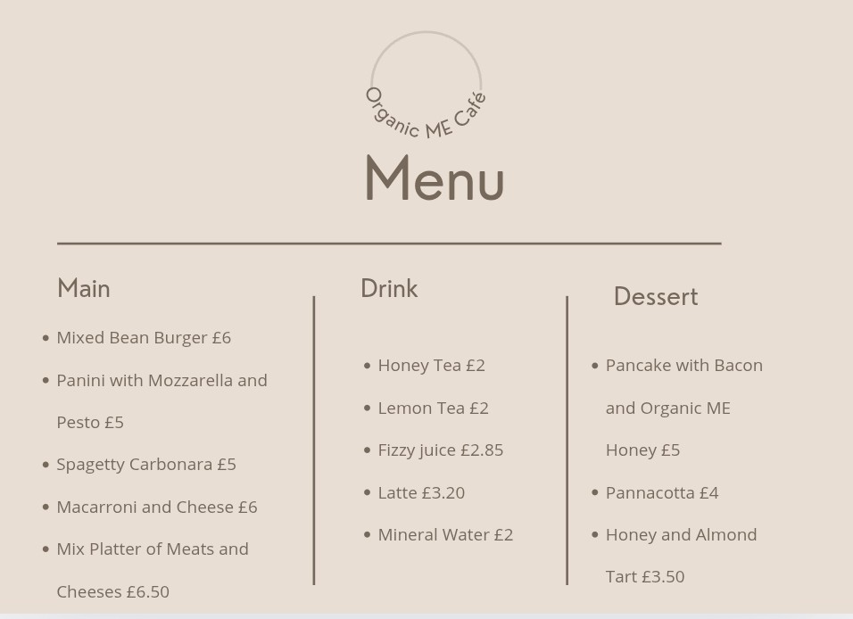 Cafe menu mockup